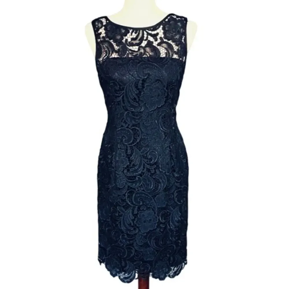 Adrianna Papell Special Occasion Navy Blue Lace Sleeveless Sheath Dress Size 8 - Picture 4 of 13